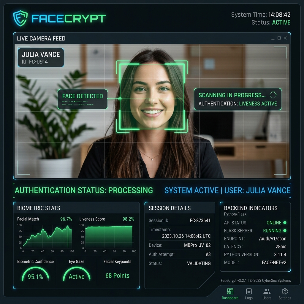 FaceCrypt — نظام مصادقة بالوجه بدون كلمة مرور باستخدام Python و Flask