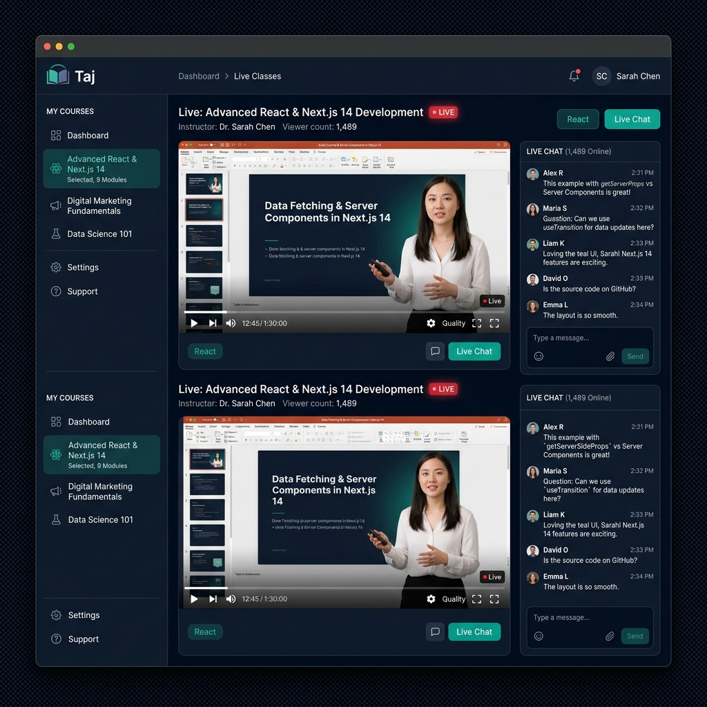 منصة تاج التعليمية — بث مباشر مع Next.js 14 و Laravel 12
